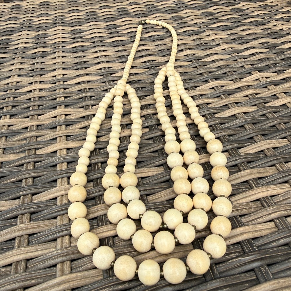 Wood Bead Multi Strand Necklace Tiered Layered Statement Boho Natural Neutral - Picture 6 of 7